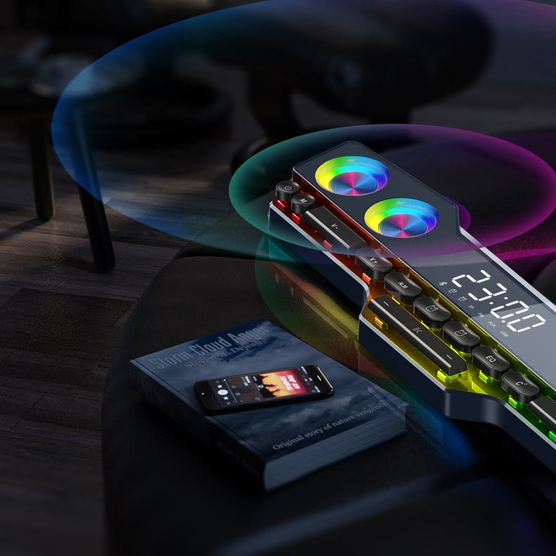 Bluetooth 5.0 Stereo Bass Surround Speaker with Alarm Clock, LED Light, Temperature, AUX / TF / USB