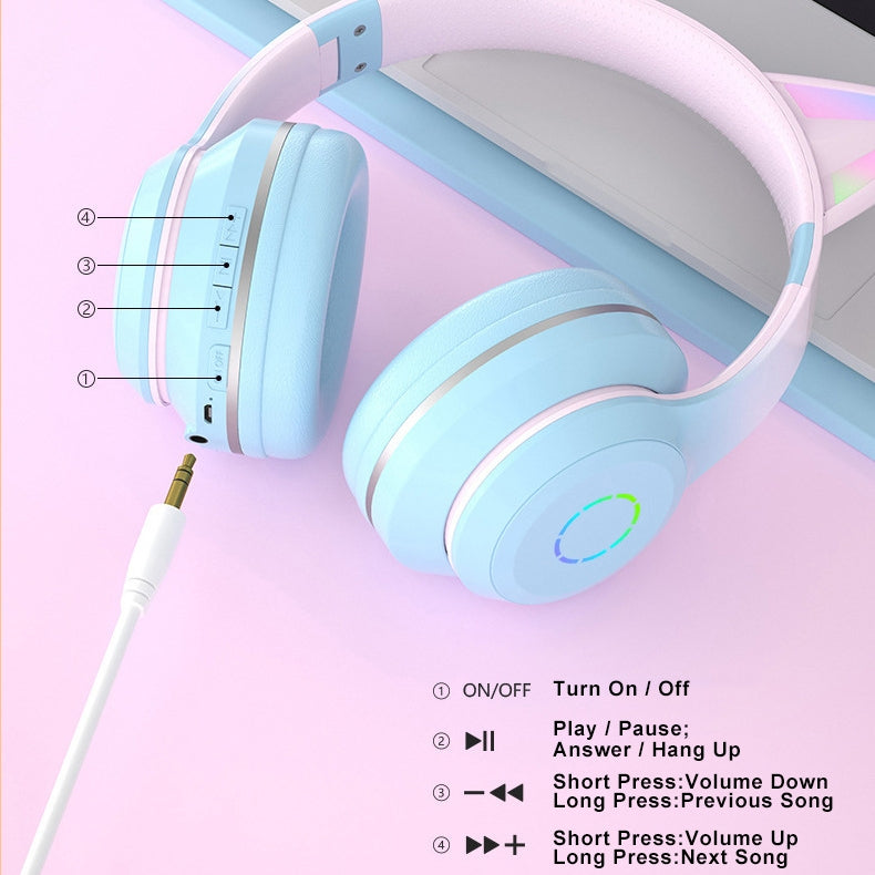 Bluetooth 5.1 Wireless Stereo Bass Surround Foldable Cute Headset with Backlit for Windows / Mac