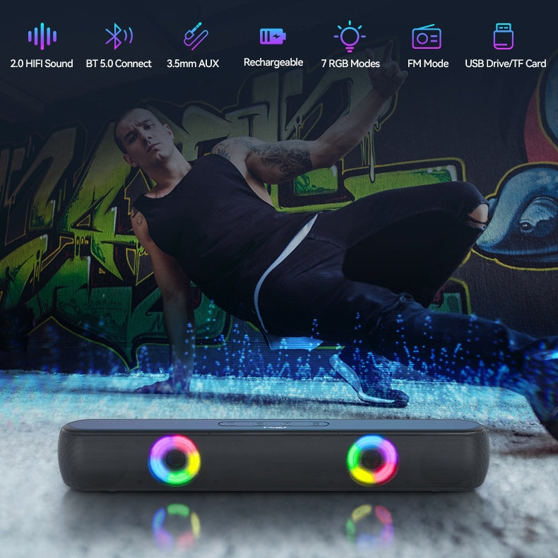 Bluetooth 5.0 Wireless Stereo Bass Surround Speaker with RGB Multi-Colors Rhythm Lights & AUX/TF/USB