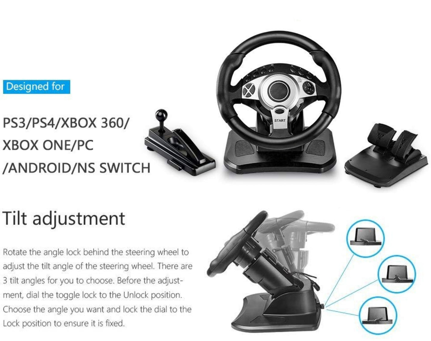 270° / 900° Gaming Racing Wheel with Gear Shifter & Pedal for PS3 / PS4 / PC / Xbox One / 360 / Switch