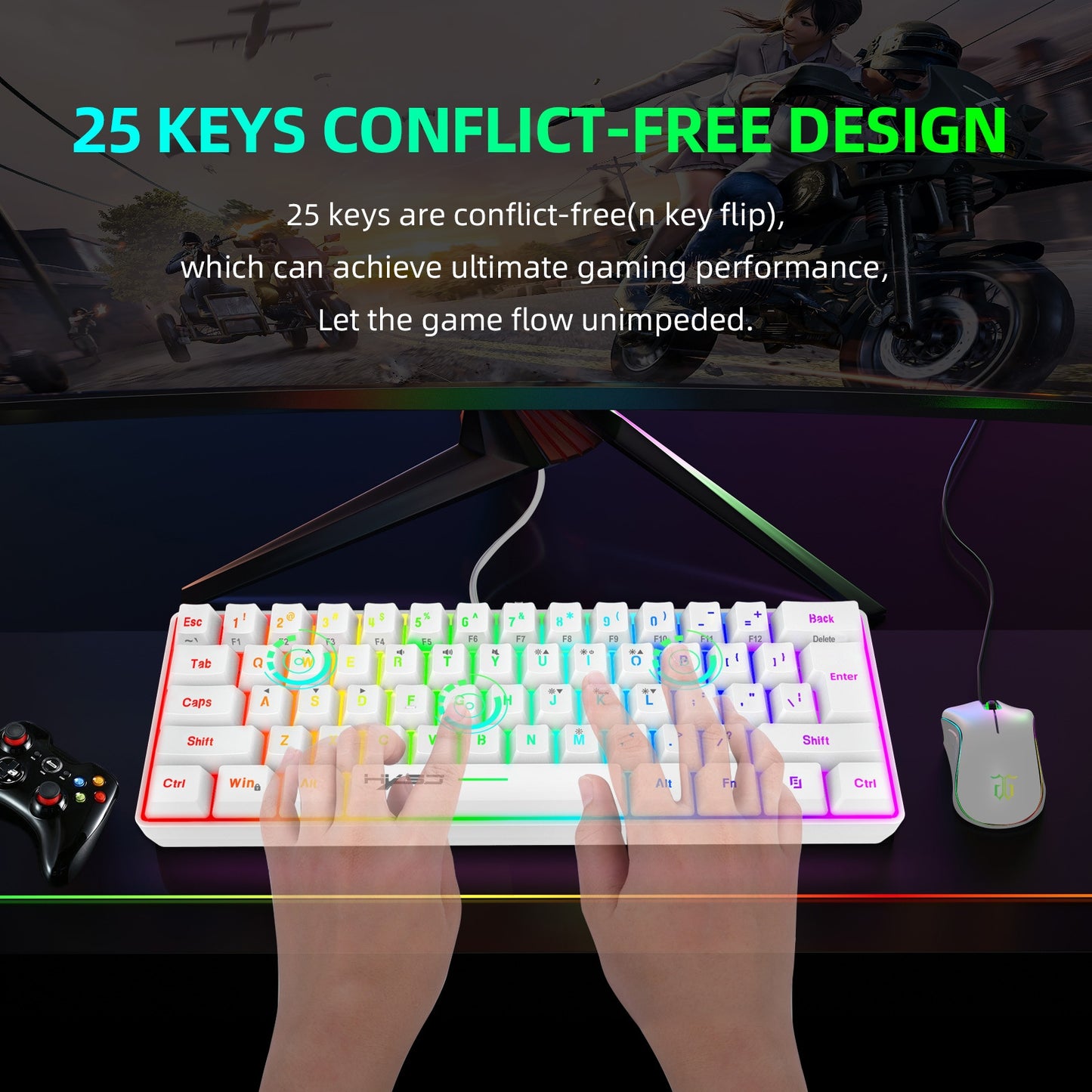 Anti-ghosting Ultra Compact 61 Keys Wired Membrane Keyboard with RGB Backlit for Windows/Mac