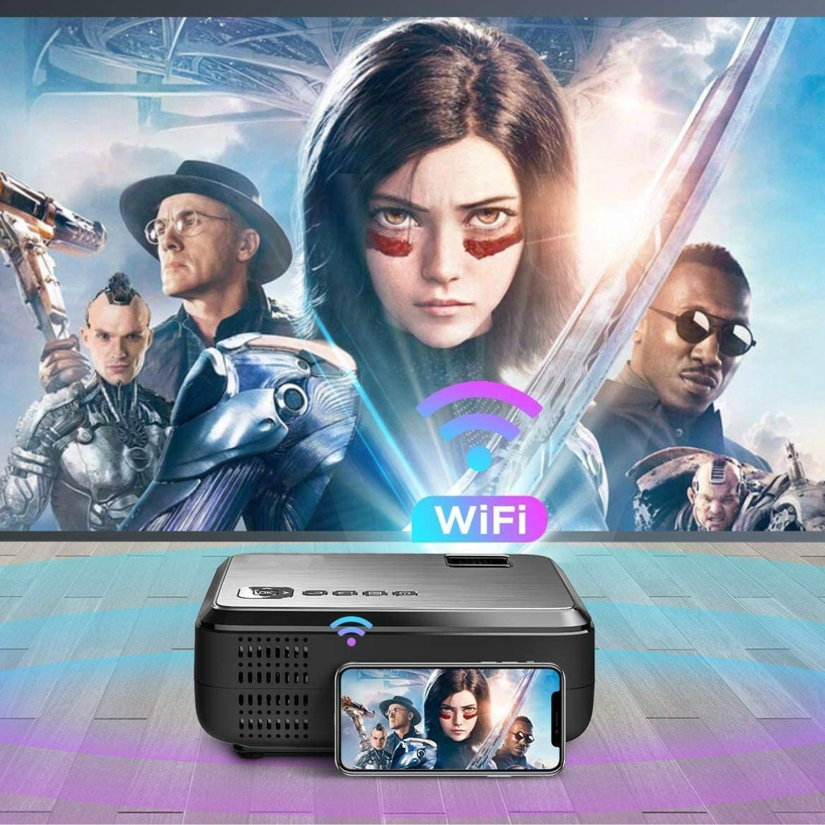 Full HD 1080P Supported Projector, Compatible with iOS, Android, VGA, AV, HDMI, USB, SD Card