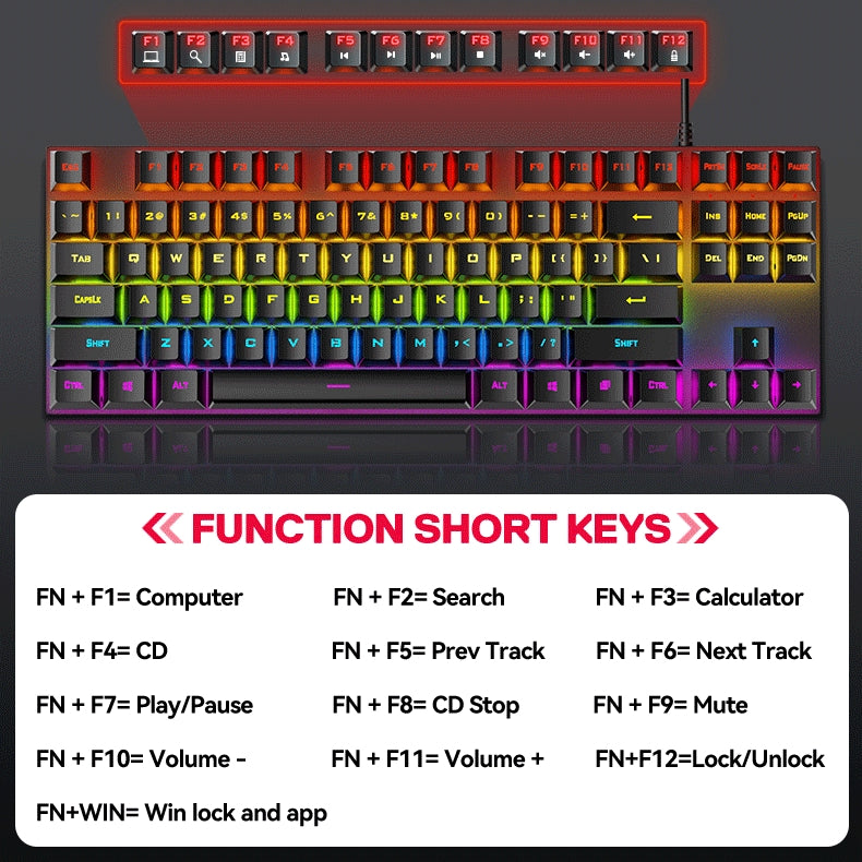 Anti-ghosting Spill Resistant Compact 87 Keys Wired Gaming Keyboard with RGB Backlit for Windows / Mac