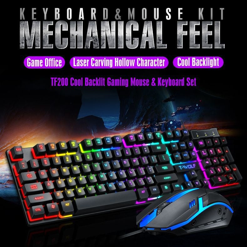 Gaming Set - 104 Keys Wired Keyboard with Rainbow Backlit + 1600 DPI Gaming Mouse Combo