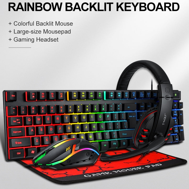 4-In-1 104 Keys Wired Gaming Keyboard + Headset + 1200 DPI Mouse + Mousepad Combo