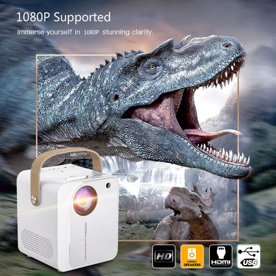 Portable Full HD 1080P Supported Projector with Handle, Compatible with Phone, HDMI, AV, USB, TF