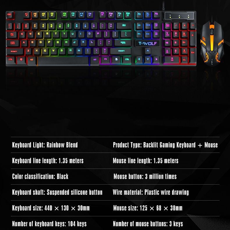 Gaming Set - 104 Keys Wired Keyboard with Rainbow Backlit + 1600 DPI Gaming Mouse Combo