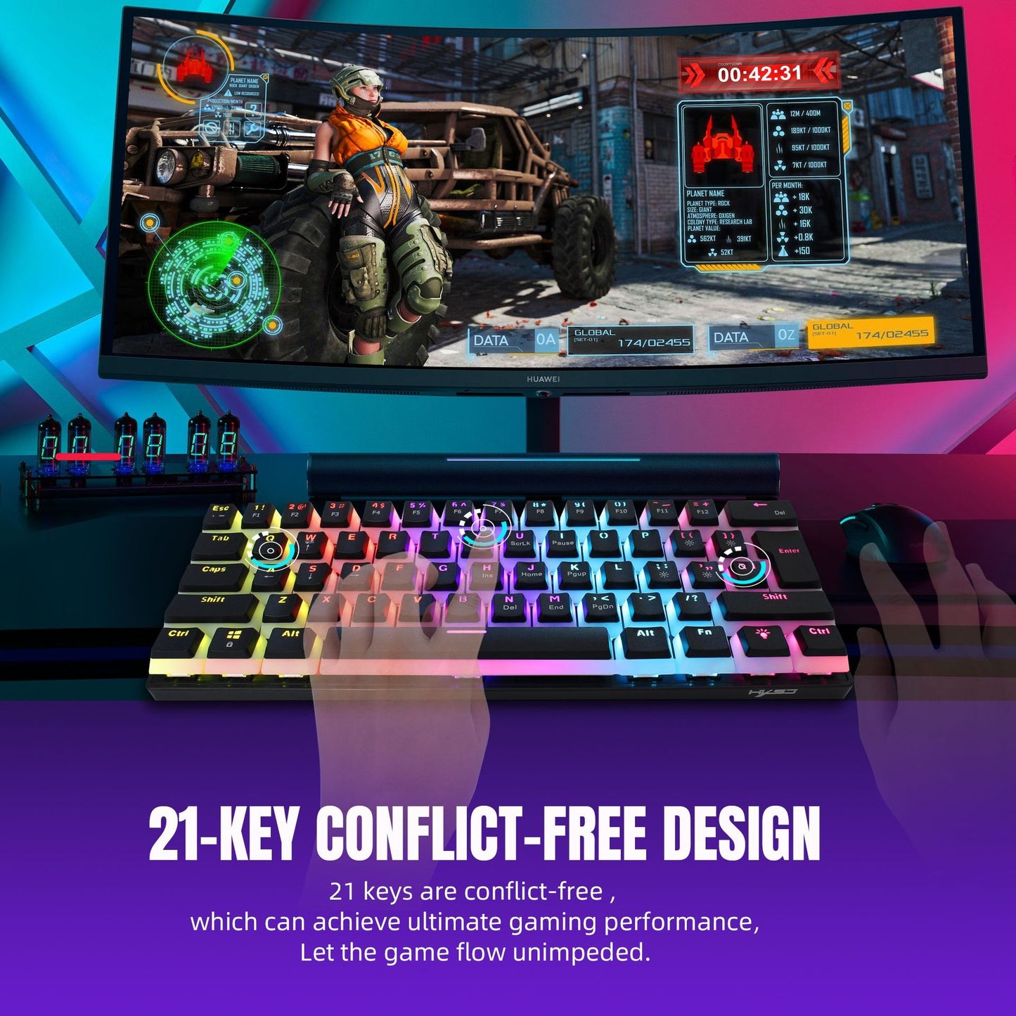 Anti-ghosting Ultra Compact 61 Keys Wired Gaming Keyboard with Colorful Backlit for Windows / Mac